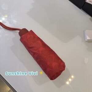 NWT Coach Uv Protection Mini Umbrella In Signature Print CZ197 Silver/Crimson